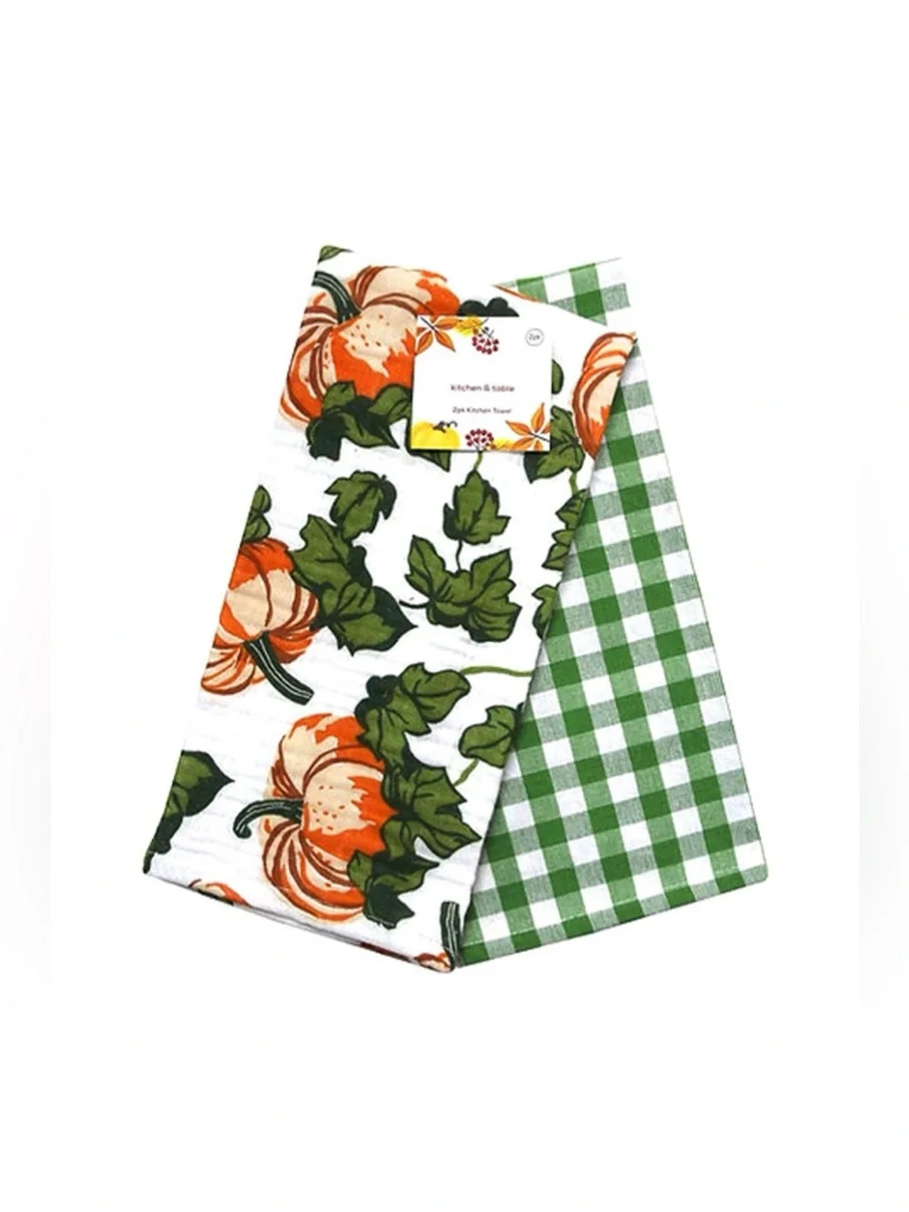 Pumpkin Vine Print Checkered Pattern 2 Piece Towel Set